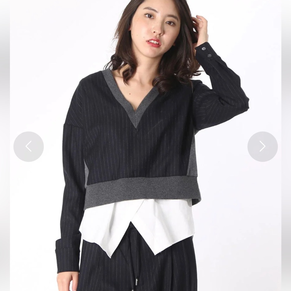 Derek Lam 10 Crosby V-Neck Wool Blend Pinstripe Sweater White Underlayer